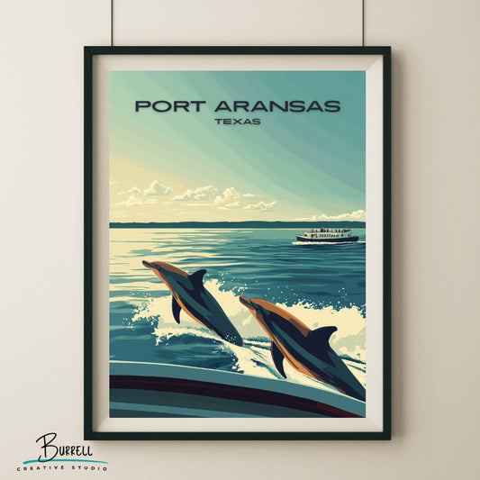 Port Aransas Texas Dolphin Watching Travel Poster & Wall Art Poster Print