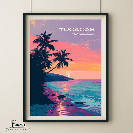 Tucacas Venezuela Beach Sunset Travel Poster & Wall Art Poster Print