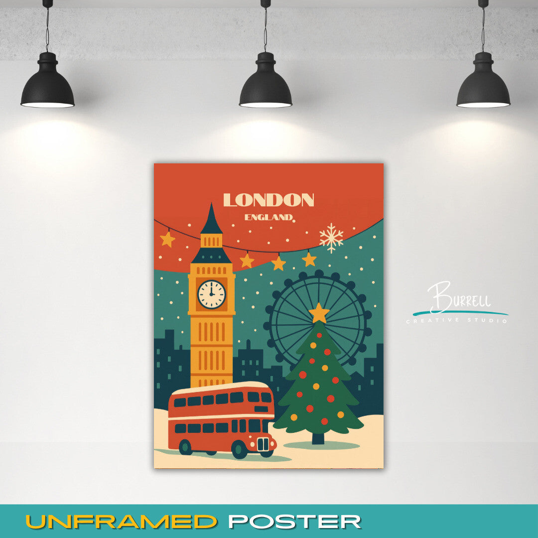 London England Christmas Travel Poster & Wall Art Poster Print