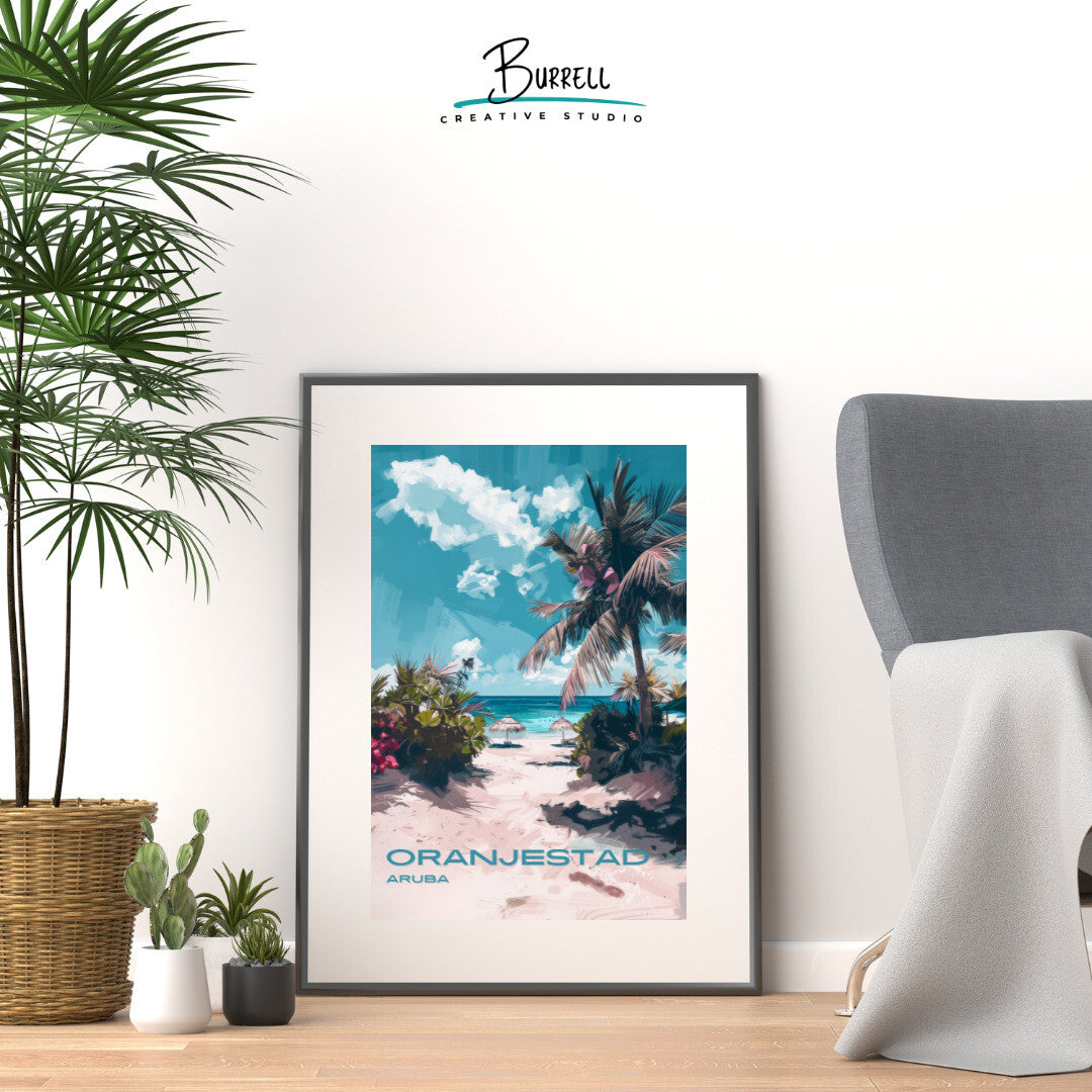 Oranjestad Aruba Beach View Travel Poster & Wall Art Poster Print