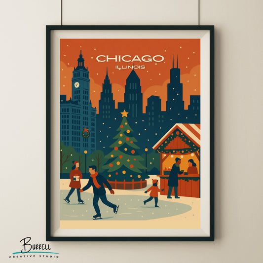 Chicago Illinois Christmas Holidays Travel Poster & Wall Art Poster Print