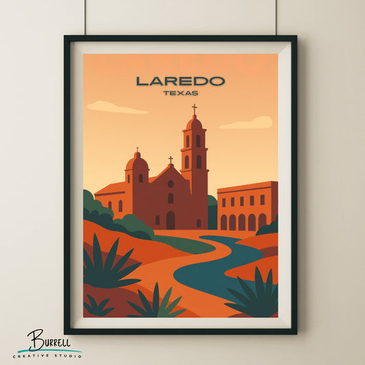 Laredo Texas Old Architecture Travel Poster & Wall Art Poster Print
