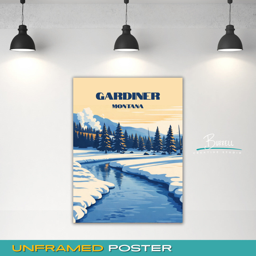 Gardiner Montana Winter Scenery Travel Posters & Wall Art Poster Print