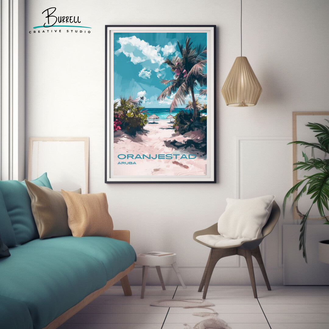 Oranjestad Aruba Beach View Travel Poster & Wall Art Poster Print