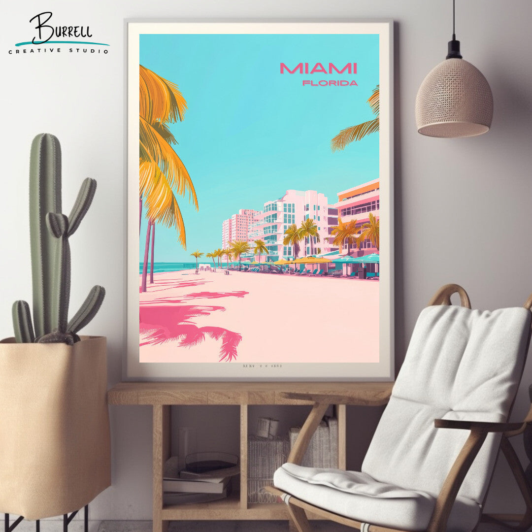 Miami Florida Beach View Travel Poster & Wall Art Poster Print