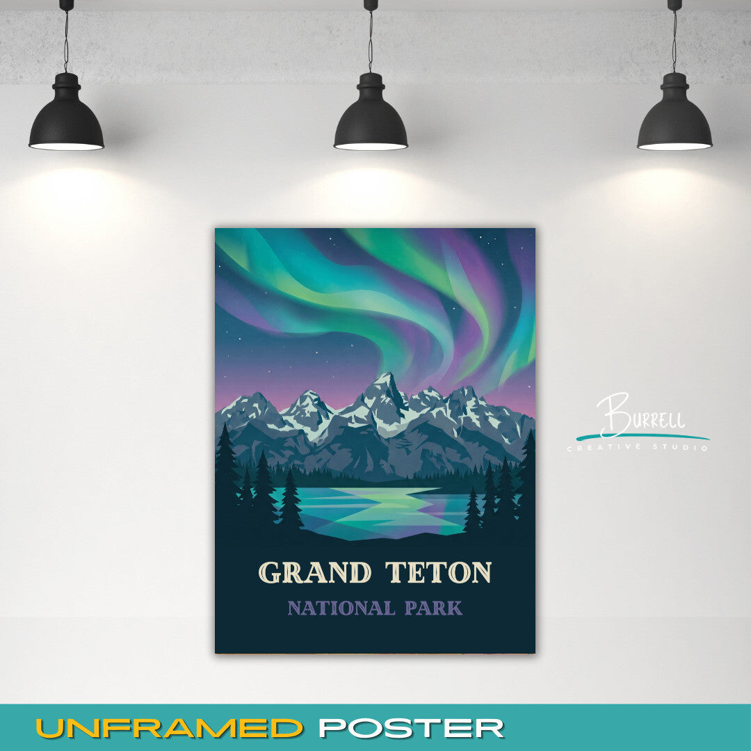 Grand Teton National Park Wyoming Northern Lights Scenery Travel Posters & Wall Art Poster Print