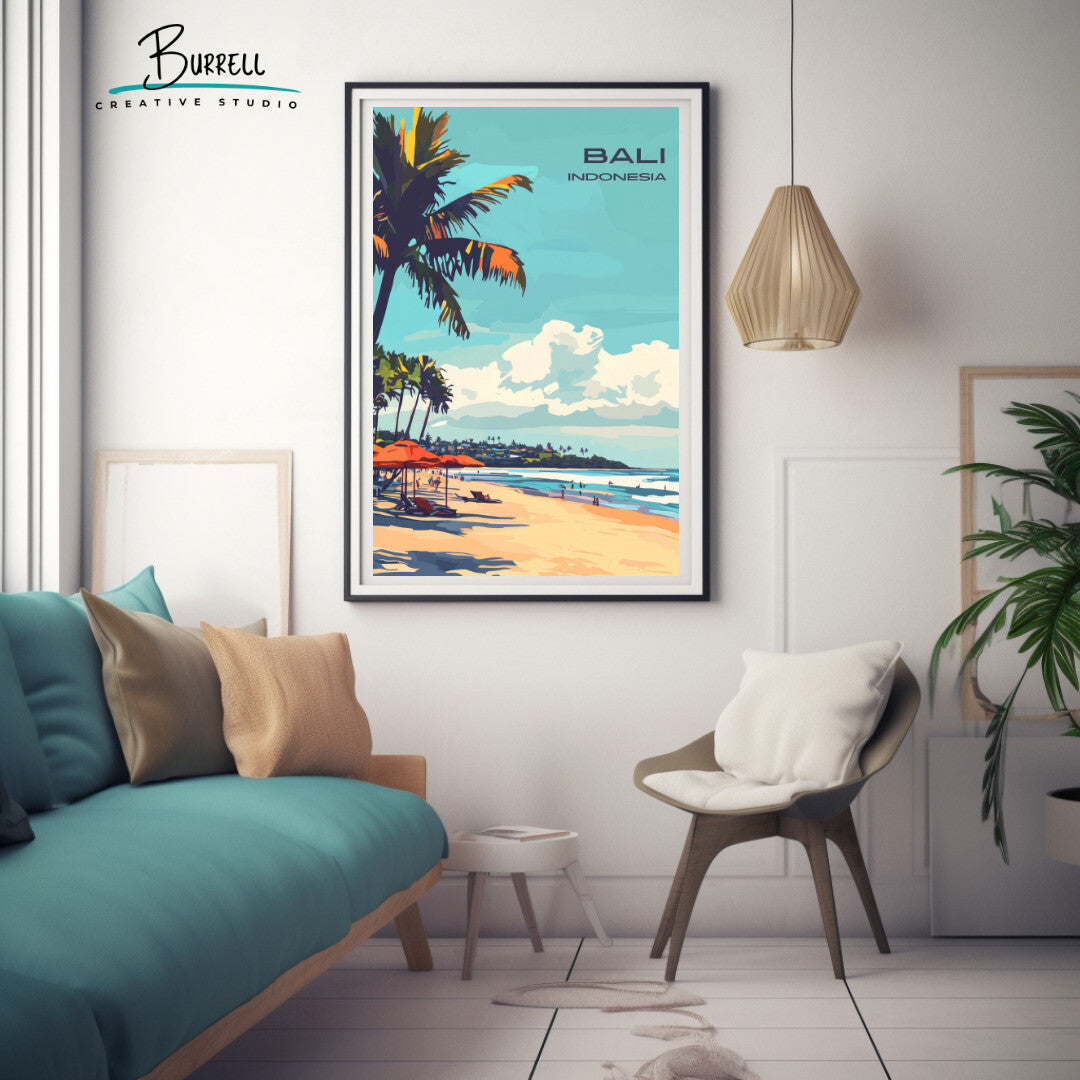 Denpasar Bali Seminyak Beach Travel Poster & Wall Art Poster Print