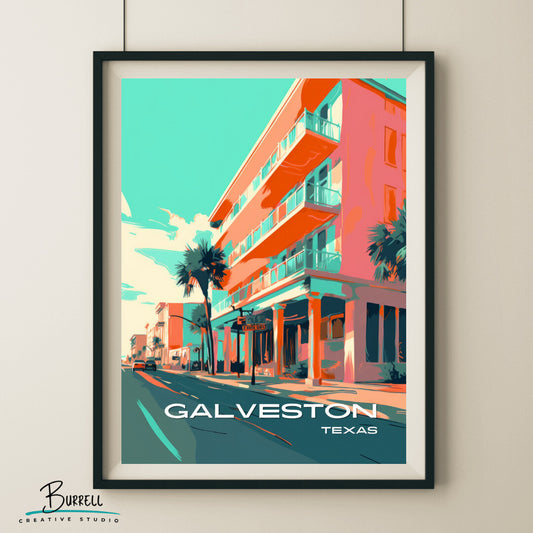 Galveston Texas Seawall Boulevard Travel Poster & Wall Art Poster Print