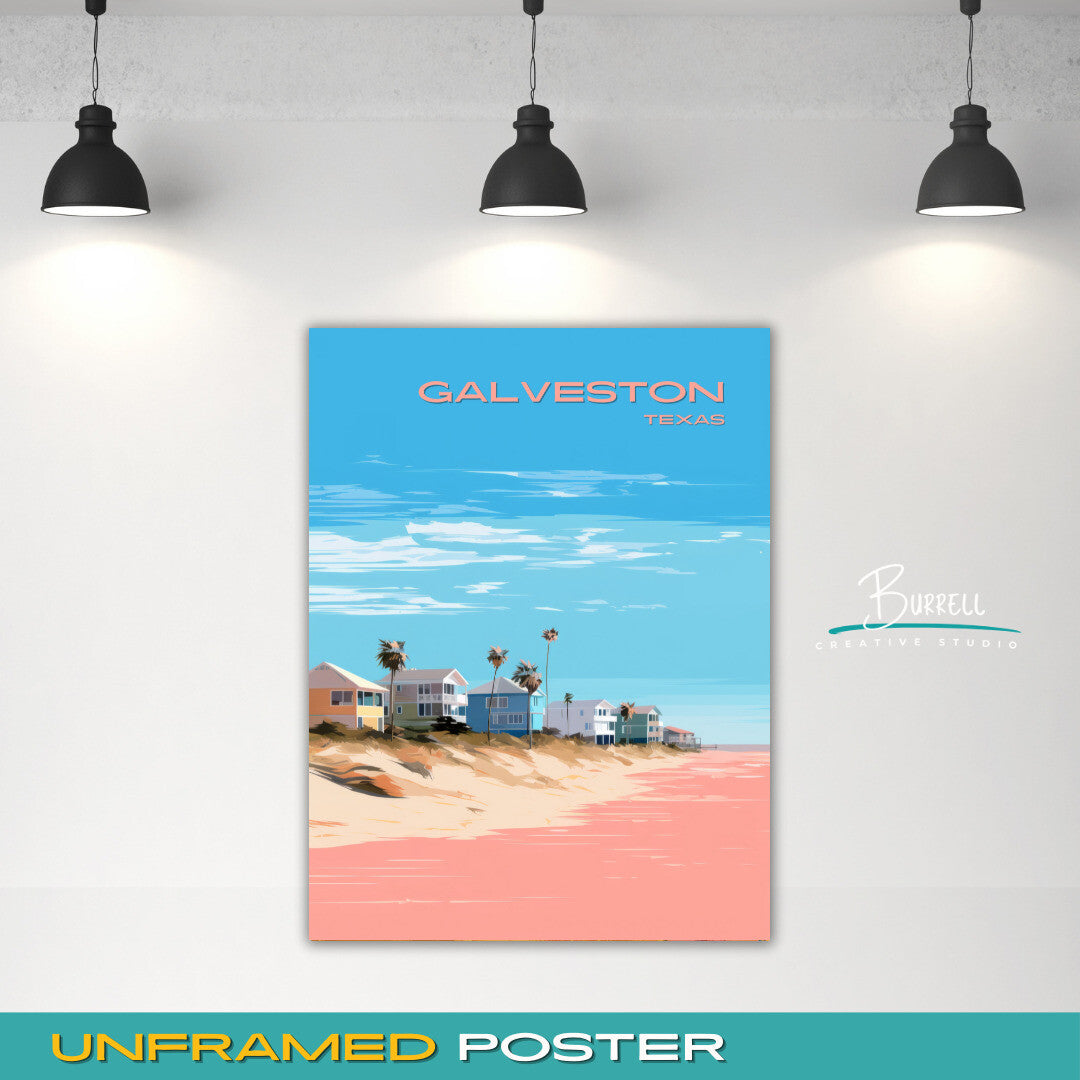 Galveston Texas Beach Homes Travel Poster & Wall Art Poster Print