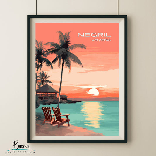 Negril Jamaica Beach Sunset Travel Poster & Wall Art Poster Print