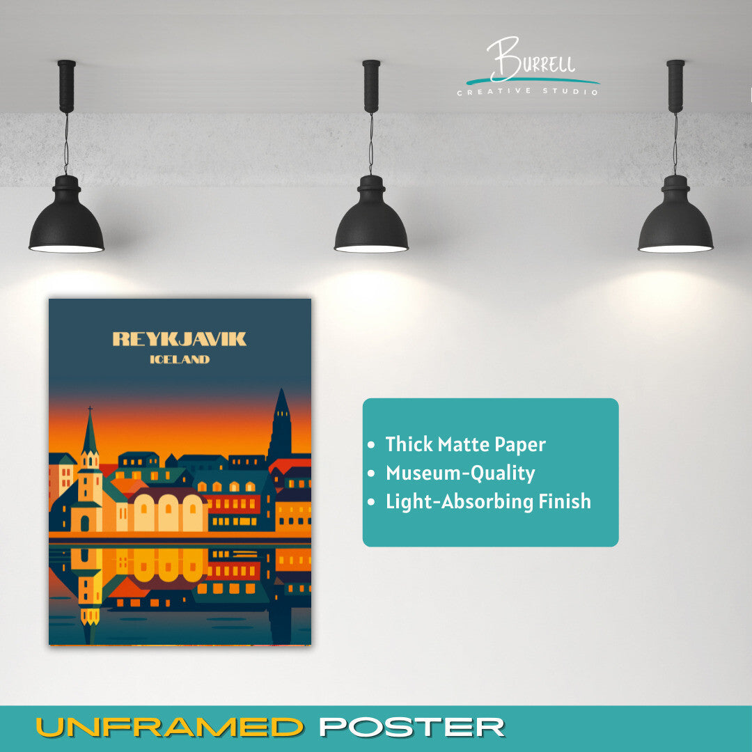 Reykjavik Iceland Tjornin Sunset Travel Poster & Wall Art Poster Print
