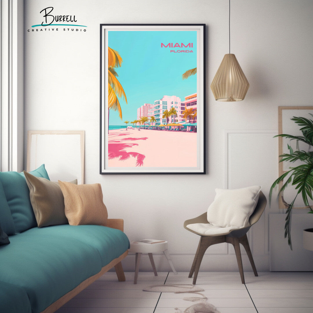 Miami Florida Beach View Travel Poster & Wall Art Poster Print