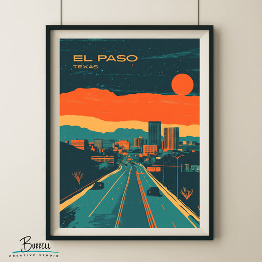 El Paso Texas City Skyline Travel Poster & Wall Art Poster Print