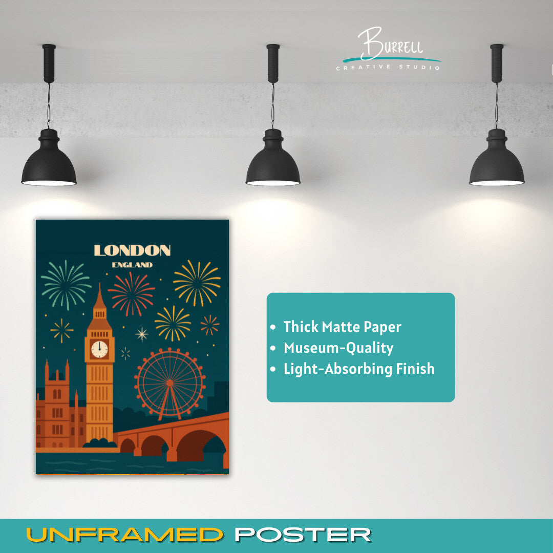 London England New Years Celebration Travel Poster & Wall Art Poster Print