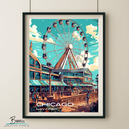 Chicago Illinois Festive Navy Pier Travel Poster & Wall Art Poster Print