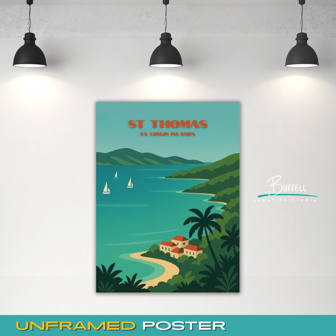 St Thomas US Virgin Islands Coastal View Travel Poster & Wall Art Poster Print
