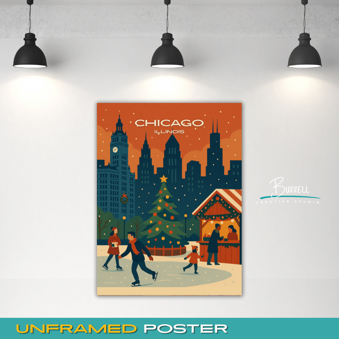 Chicago Illinois Christmas Holidays Travel Poster & Wall Art Poster Print