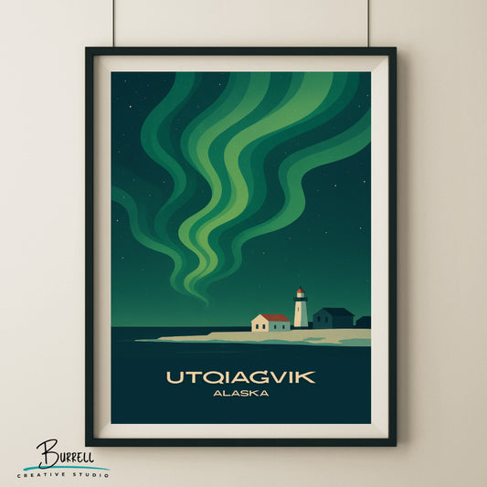 Utqiaġvik Alaska Northern Lights Travel Poster & Wall Art Poster Print