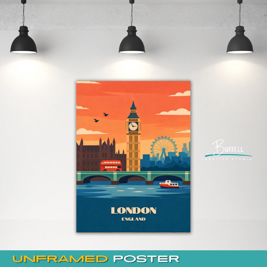 London England Big Ben Scenic Skyline Travel Poster & Wall Art Poster Print