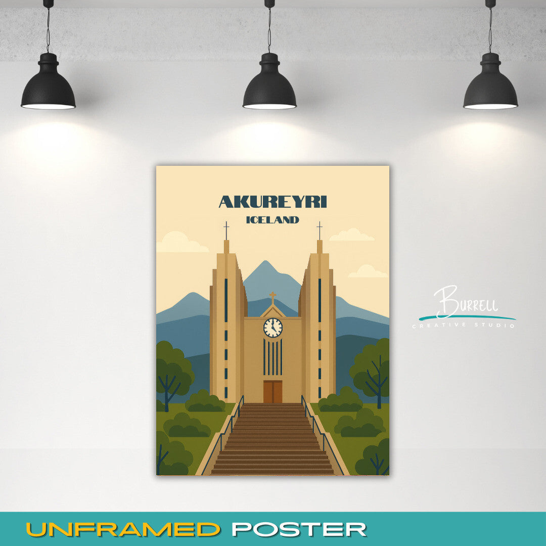 Akureyri Iceland Akureyrarkirkja Church Travel Poster & Wall Art Poster Print