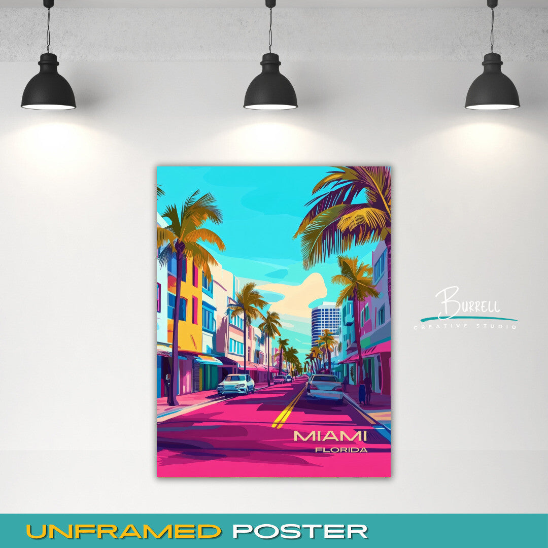 Miami Florida Ocean Drive Travel Poster & Wall Art Poster Print