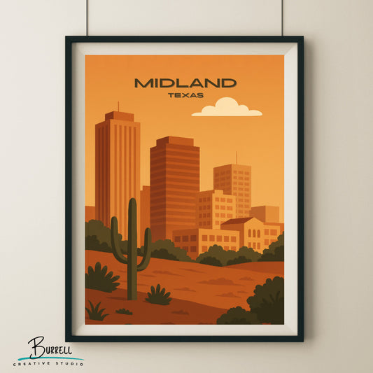 Midland Texas Skyline Travel Poster & Wall Art Poster Print