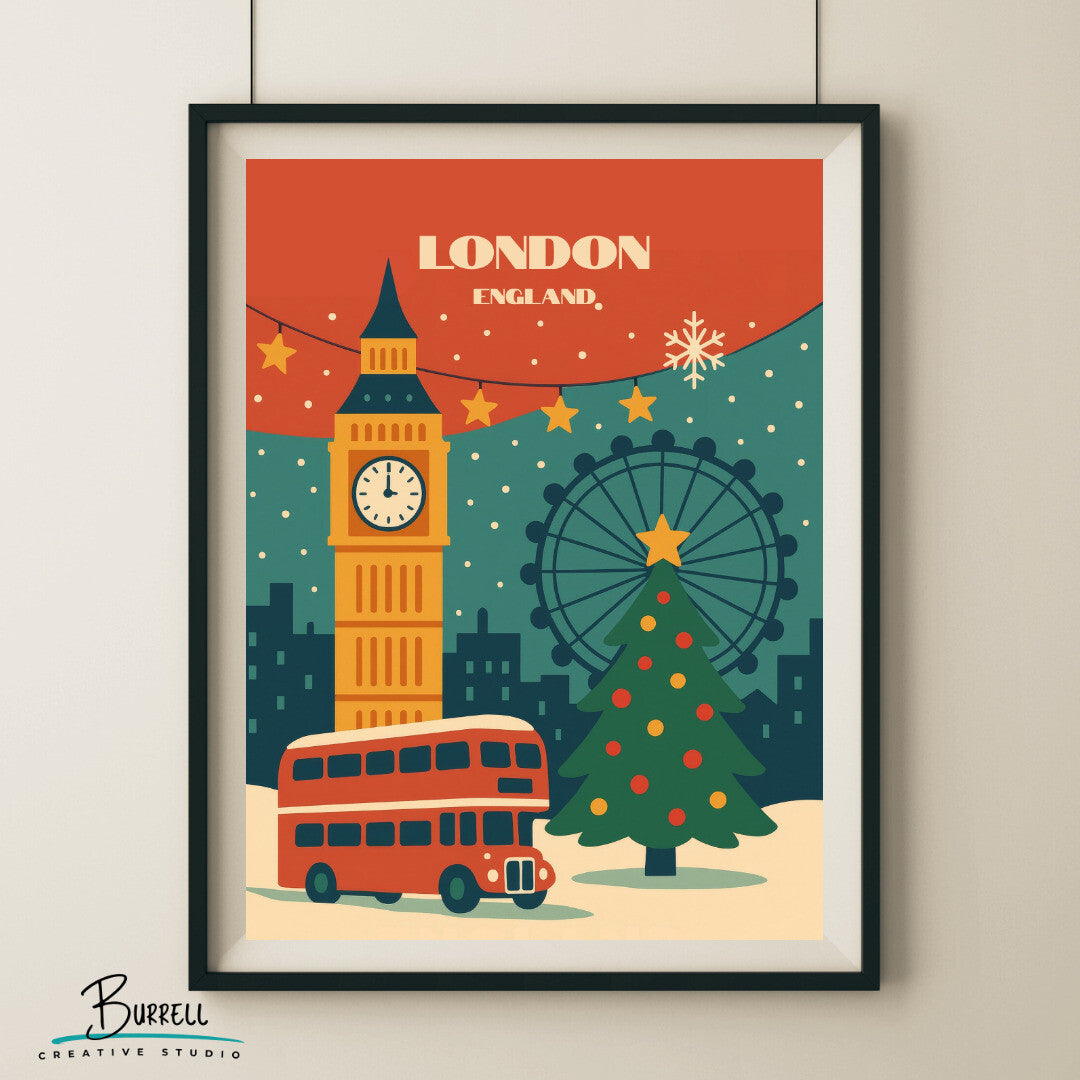 London England Christmas Travel Poster & Wall Art Poster Print