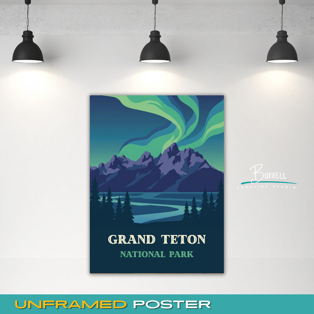 Grand Teton National Park Wyoming Northern Lights Travel Posters & Wall Art Poster Print