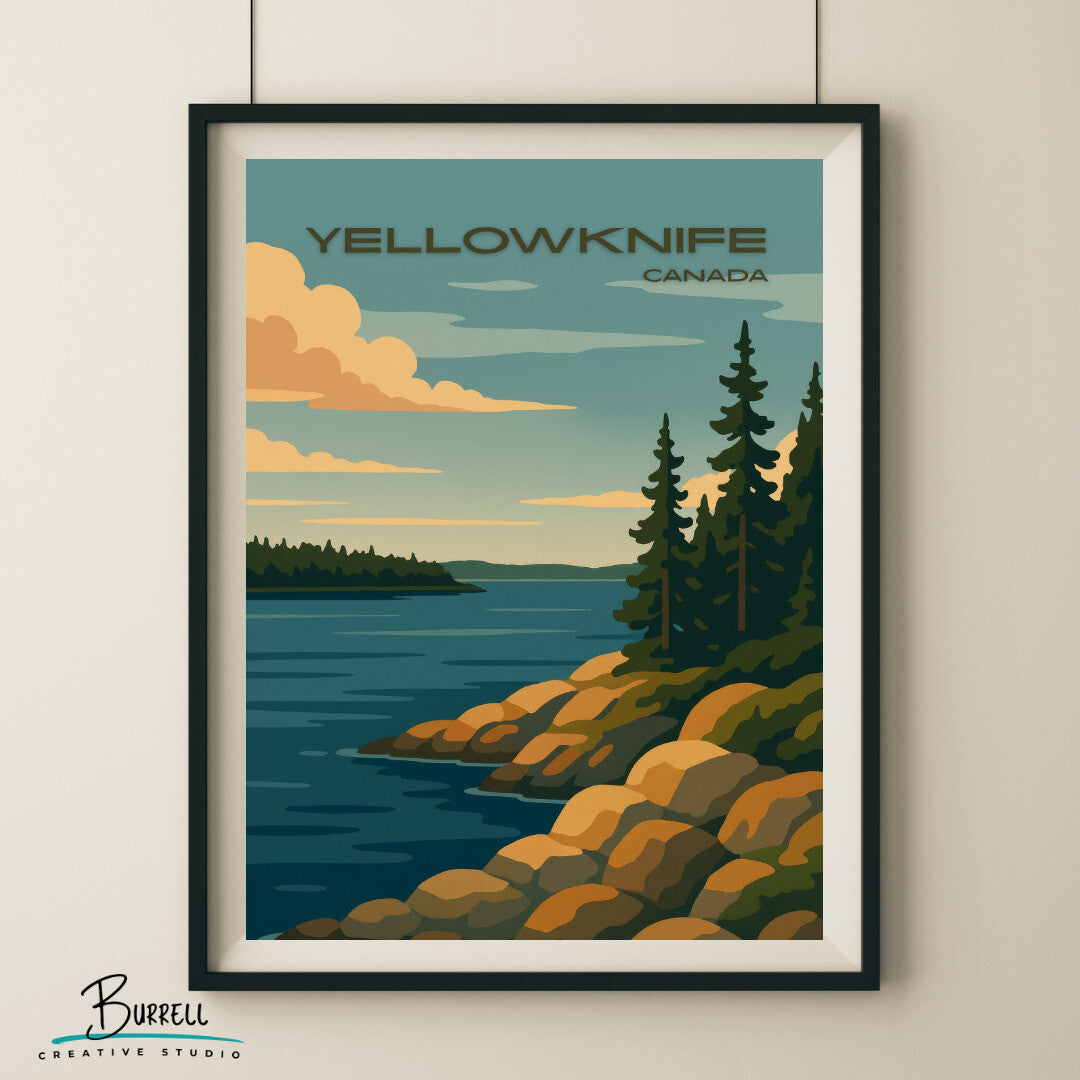 Yellowknife Canada Coastal View Travel Poster & Wall Art Poster Print