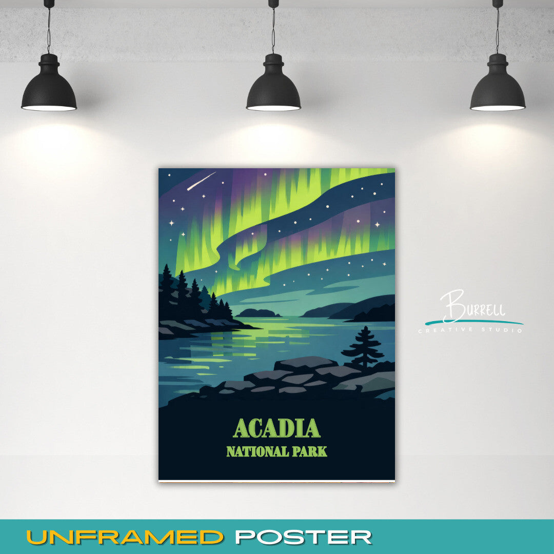 Acadia National Park Maine Northern Lights Travel Posters & Wall Art Poster Print