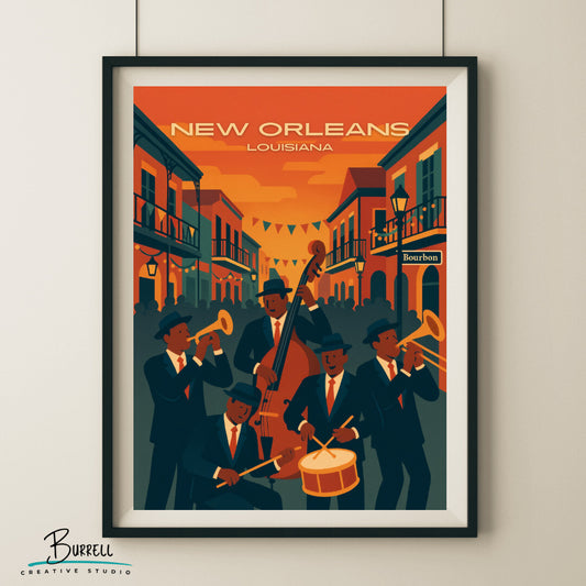 New Orleans Louisiana Bourbon Street Jazz Travel Poster & Wall Art Poster Print