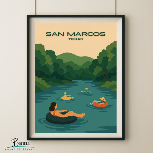 San Marcos Texas River Tubing Travel Poster & Wall Art Poster Print