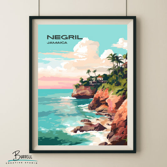 Negril Jamaica Cliffs Travel Poster & Wall Art Poster Print