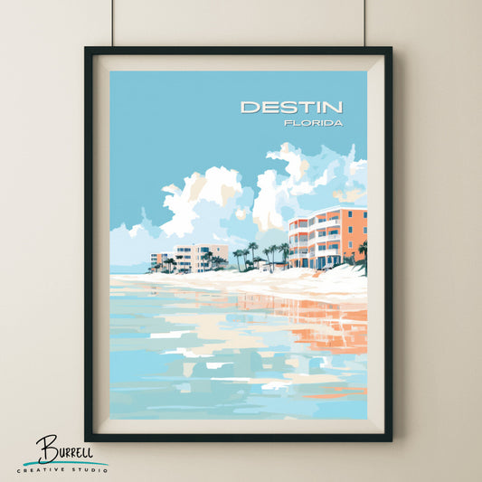 Destin Florida Crystal Sands Beach Travel Poster & Wall Art Poster Print