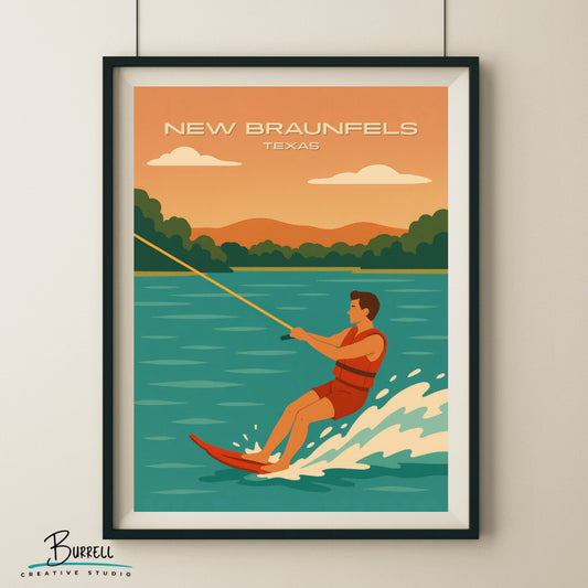 New Braunfels Texas Water Skiing Travel Poster & Wall Art Poster Print