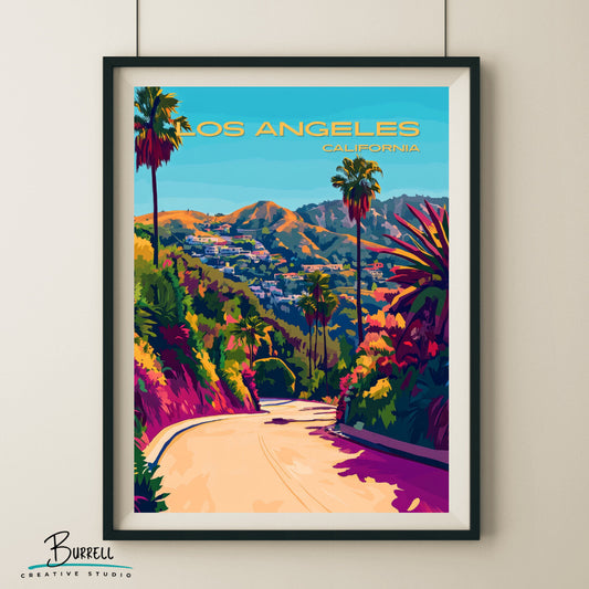 Los Angeles California Scenic Mountains Travel Poster & Wall Art Poster Print