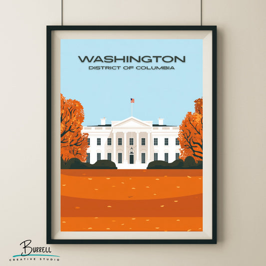 Washington District Of Columbia White House Autumn View Travel Poster & Wall Art Poster Print