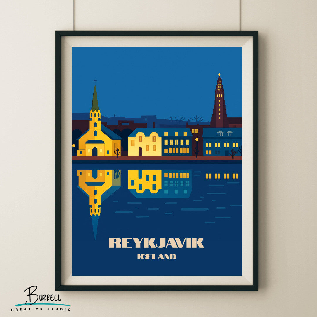 Reykjavik Iceland Tjornin Night View Travel Poster & Wall Art Poster Print
