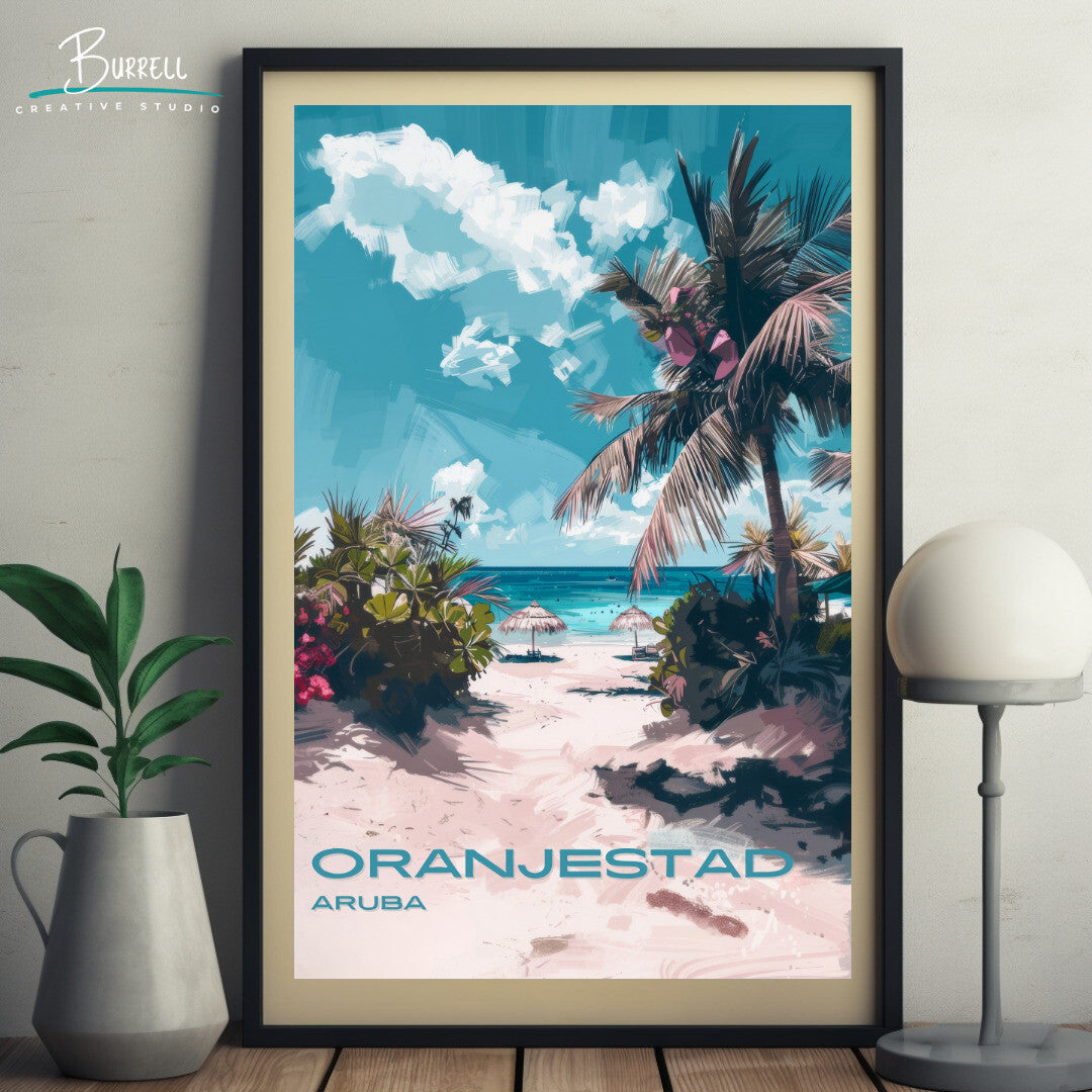 Oranjestad Aruba Beach View Travel Poster & Wall Art Poster Print