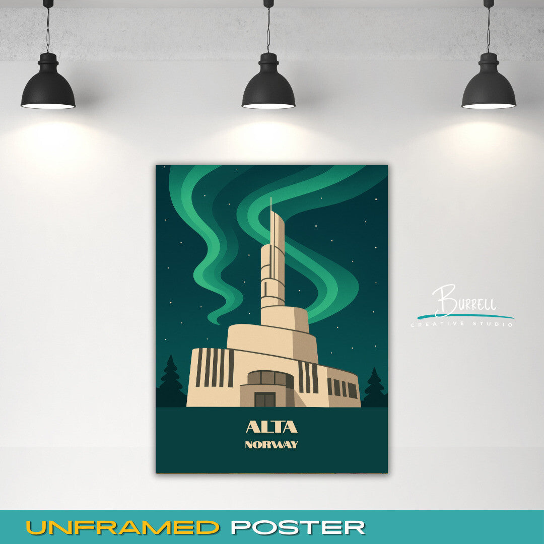 Alta Norway Northern Lights Cathedral Travel Poster & Wall Art Poster Print
