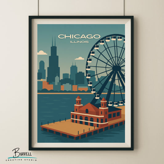 Chicago Illinois Navy Pier Aerial View Travel Poster & Wall Art Poster Print