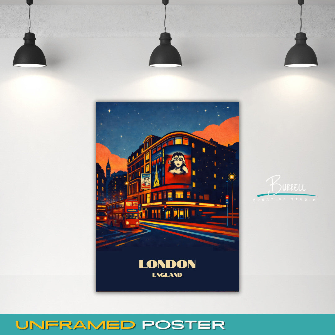 London England West End Theater District Travel Poster & Wall Art Poster Print