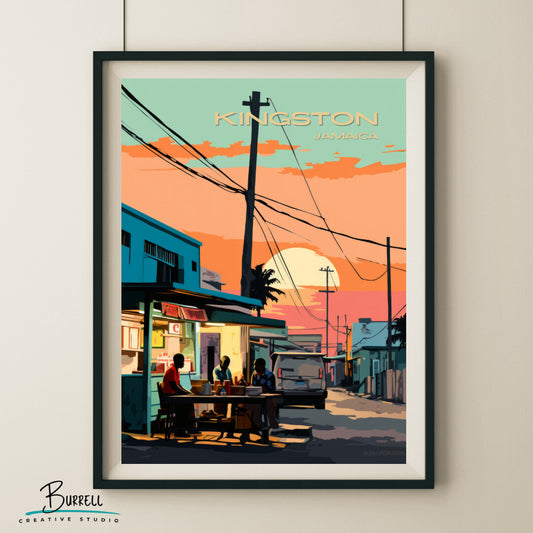 Kingston Jamaica Streetside Bar Travel Poster & Wall Art Poster Print