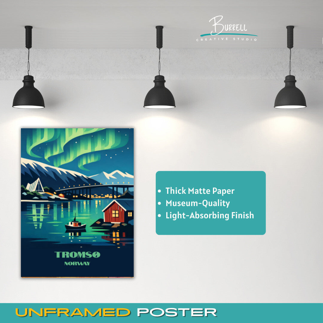Tromsø Norway Northern Lights Travel Poster & Wall Art Poster Print