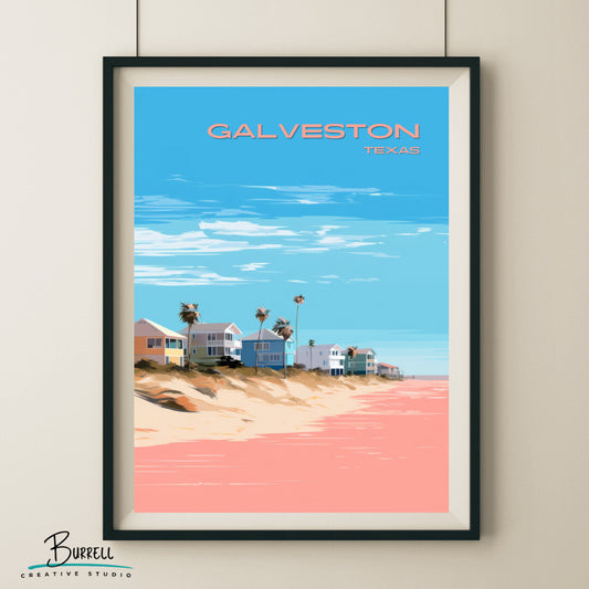 Galveston Texas Beach Homes Travel Poster & Wall Art Poster Print