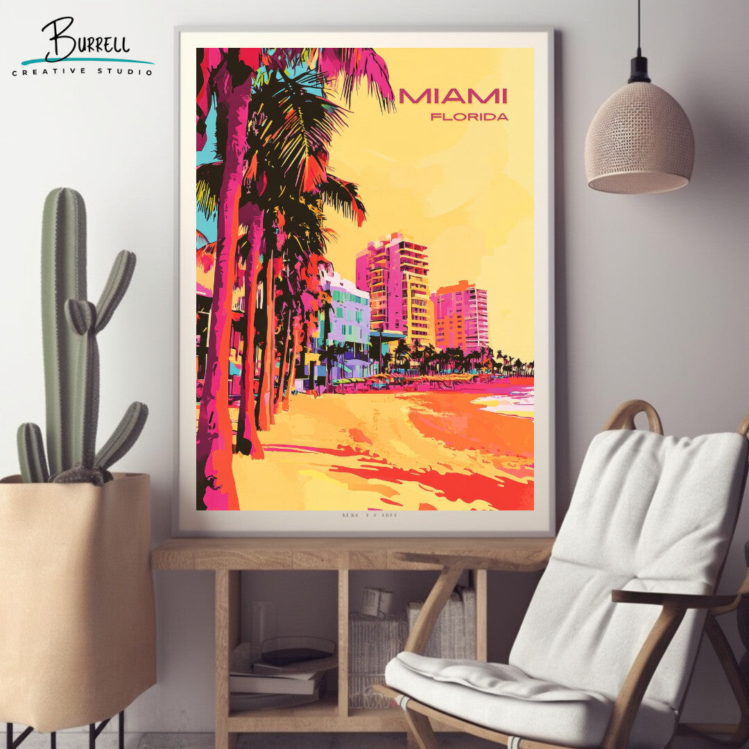 Miami Florida Beach Travel Poster & Wall Art Poster Print