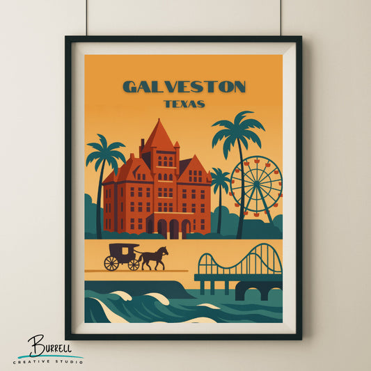 Galveston Texas Unique Attractions Travel Poster & Wall Art Poster Print
