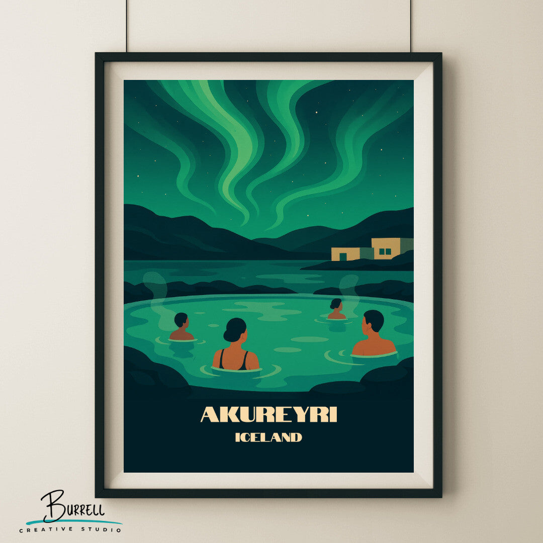 Akureyri Iceland Geothermal Spas Travel Poster & Wall Art Poster Print
