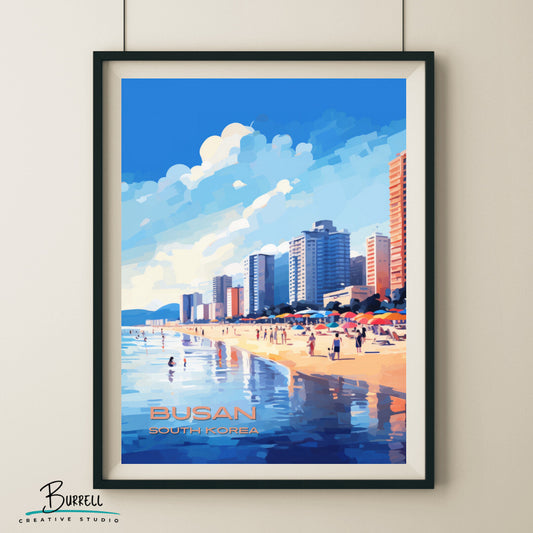 Busan South Korea Haeundae Beach Travel Poster & Wall Art Poster Print