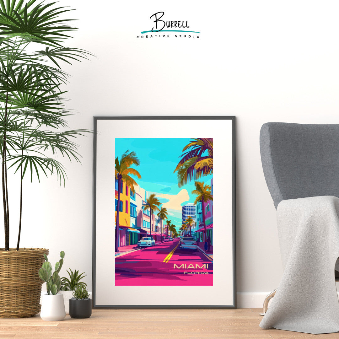 Miami Florida Ocean Drive Travel Poster & Wall Art Poster Print